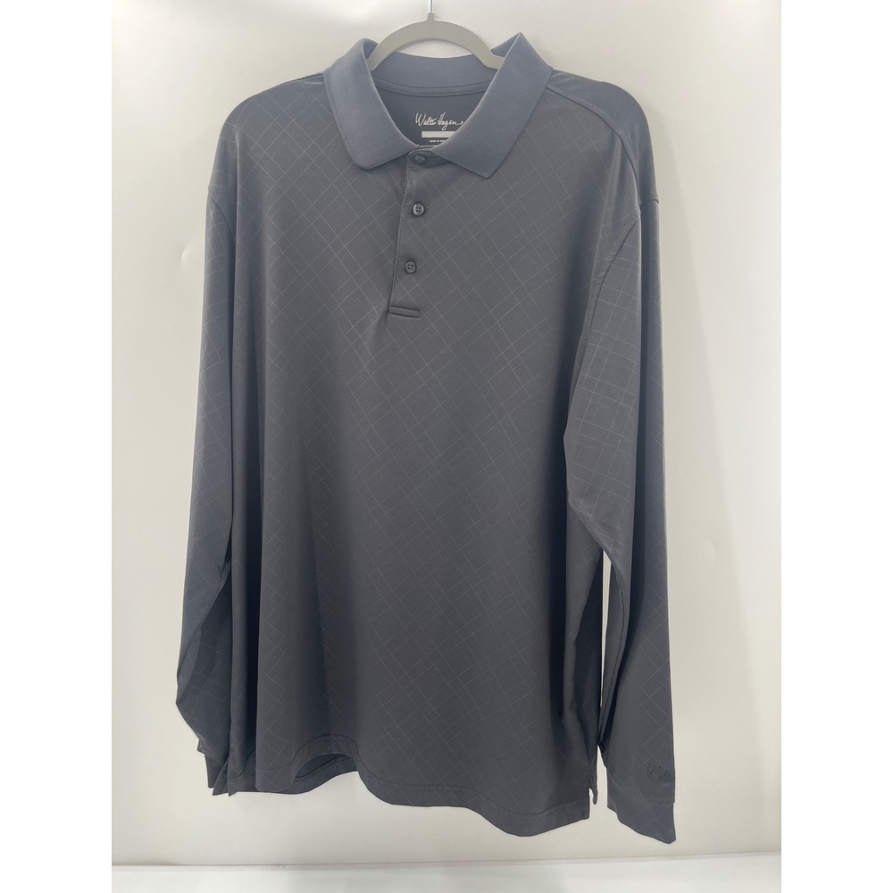Walter Hagen Mens XL Gray Diamond Grid Long‎ Sleeve Golf Polo Shirt HydroDri